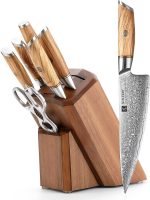 XINZUO 8-Teilig Messerblock Sets-73 Schichten Damastpulverstahl Profi Küche Kochmesser Set -Olivenholz Griff -Mit Akazienholz Messerblock, Multifunktions Küchenschere Und Diamant Wetzstahl