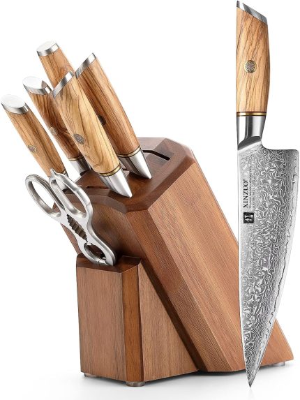 XINZUO 8-Teilig Messerblock Sets-73 Schichten Damastpulverstahl Profi Küche Kochmesser Set -Olivenholz Griff -Mit Akazienholz Messerblock, Multifunktions Küchenschere Und Diamant Wetzstahl