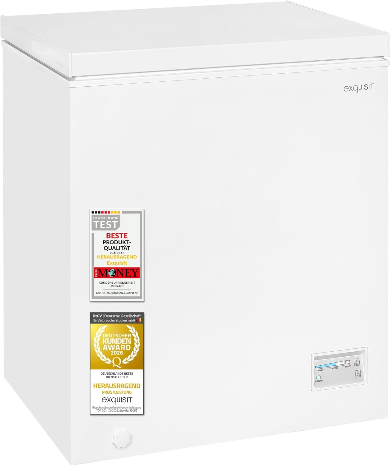 Exquisit GT5400-HE-041E Gefriertruhe - 371 L Truhe Mit Schnellgefrieren | Großer Gefrierschrank in Weiß - 36 Std. Lagerzeit Bei Störung - Digitale Steuerung - Leise 39 Db - Inklusive Rollen