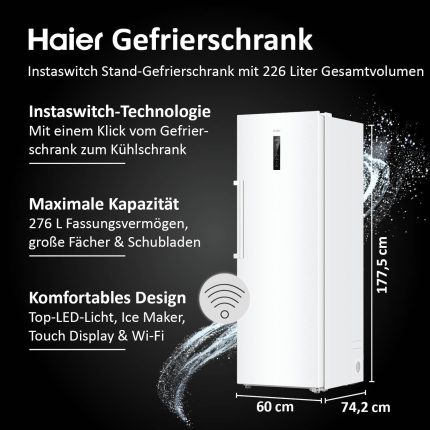Haier Gefrierschrank Mit Abtauautomatik Und Eiswürfelbereiter I Instaswitch H4F272WDH1 I Total No Frost Tiefkühlschrank, 276 L Kapazität I Eisschrank Auch Als Kühlschrank Nutzbar I Freezer Mit Wi-Fi