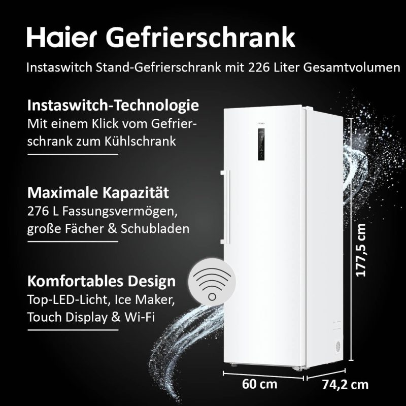 Haier Gefrierschrank Mit Abtauautomatik Und Eiswürfelbereiter I Instaswitch H4F272WDH1 I Total No Frost Tiefkühlschrank, 276 L Kapazität I Eisschrank Auch Als Kühlschrank Nutzbar I Freezer Mit Wi-Fi