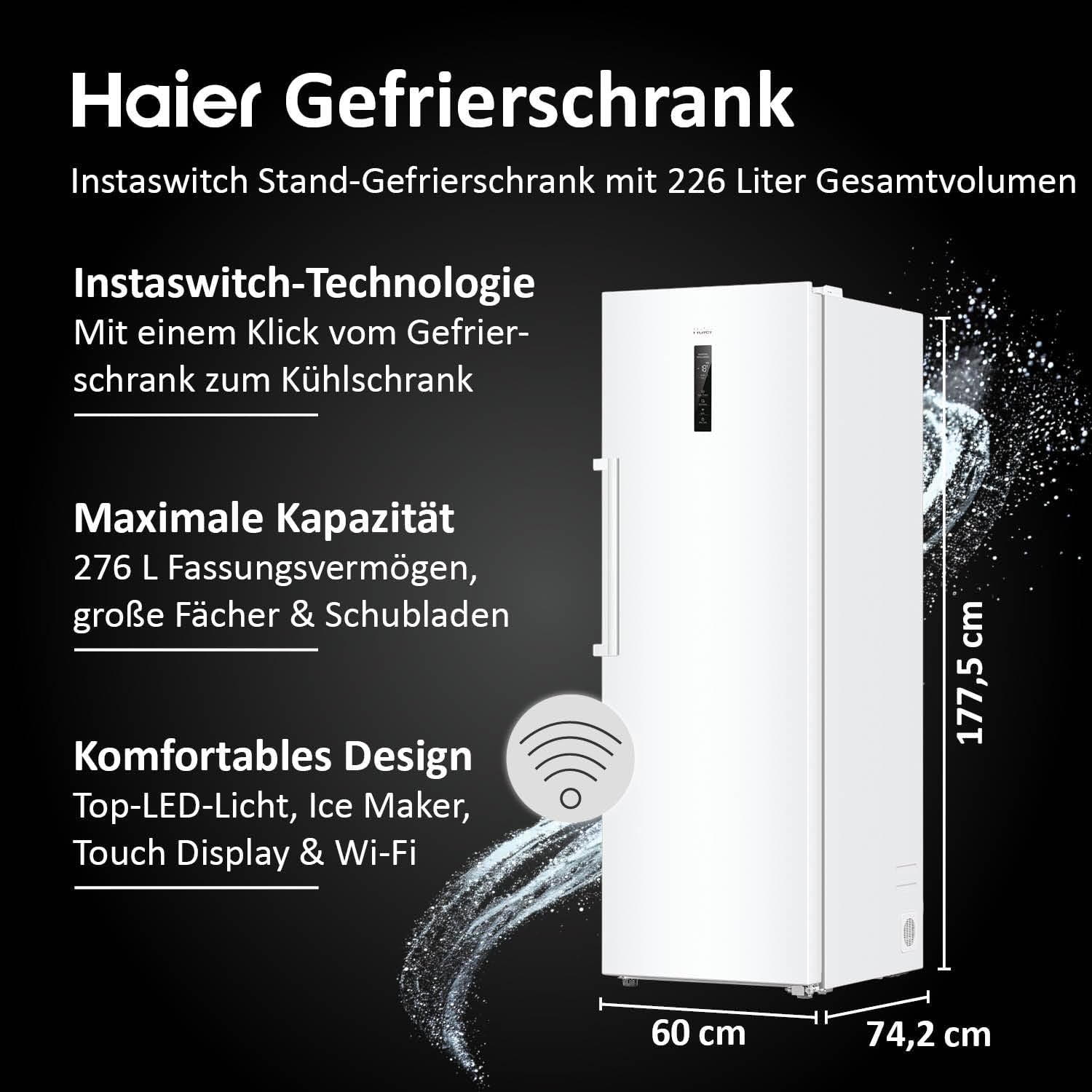 Haier Gefrierschrank Mit Abtauautomatik Und Eiswürfelbereiter I Instaswitch H4F272WDH1 I Total No Frost Tiefkühlschrank, 276 L Kapazität I Eisschrank Auch Als Kühlschrank Nutzbar I Freezer Mit Wi-Fi