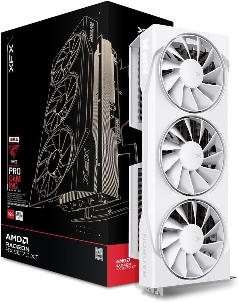 61CD0PFcowL._AC_SL1500 XFX Speedster SWFT AMD Radeon RX 9070 XT White Triple Fan | RX-97TSWF3W9 | 16GB GDDR6 | RDNA 4 | 1440p Gaming – Bild 1