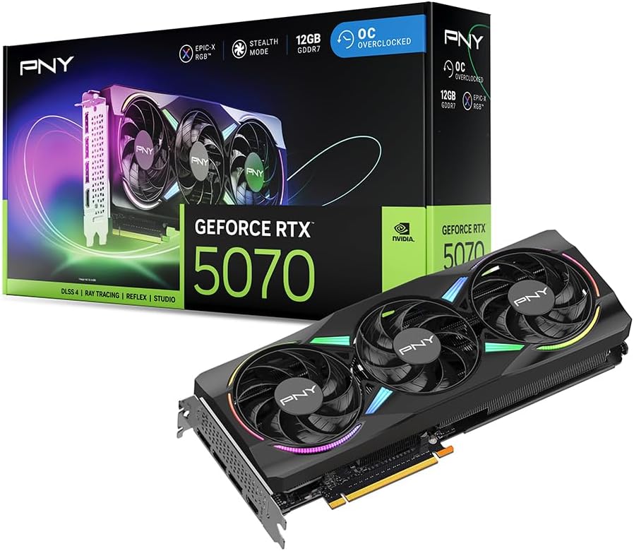 61E_0EA9nSL._AC_SL1000 PNY GeForce RTX 5070 ARGB OC 12GB GDDR7 | VCG507012TFXXPB1-O | Triple-Fan | Blackwell | PCIe 5.0 – Bild 1