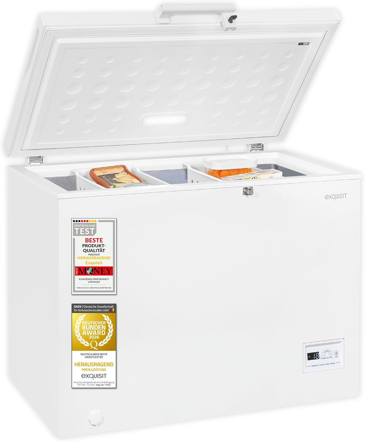 Exquisit GT5400-HE-041E Gefriertruhe - 371 L Truhe Mit Schnellgefrieren | Großer Gefrierschrank in Weiß - 36 Std. Lagerzeit Bei Störung - Digitale Steuerung - Leise 39 Db - Inklusive Rollen