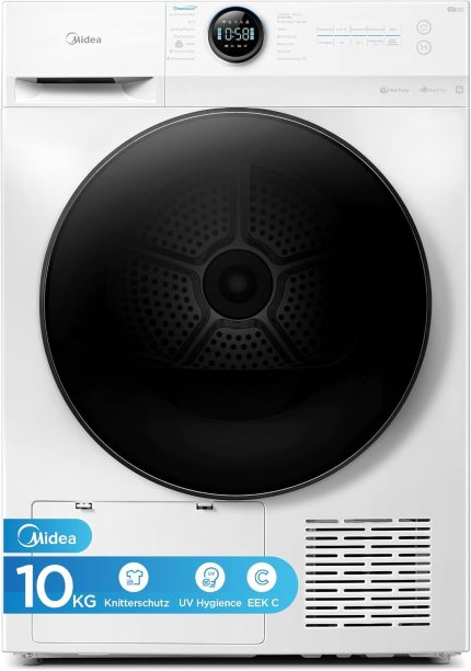 Midea MD20EH80WB-A3 Wärmepumpentrockner, 8 Kg, Energieklasse C, UV Hygience, Knitterschutz, Sanfte Pflege, Auto Dry, Wollpflege, Auffrischen, Fernsteuerung, Startzeitvorwahl, Weiß [Energieklasse C]