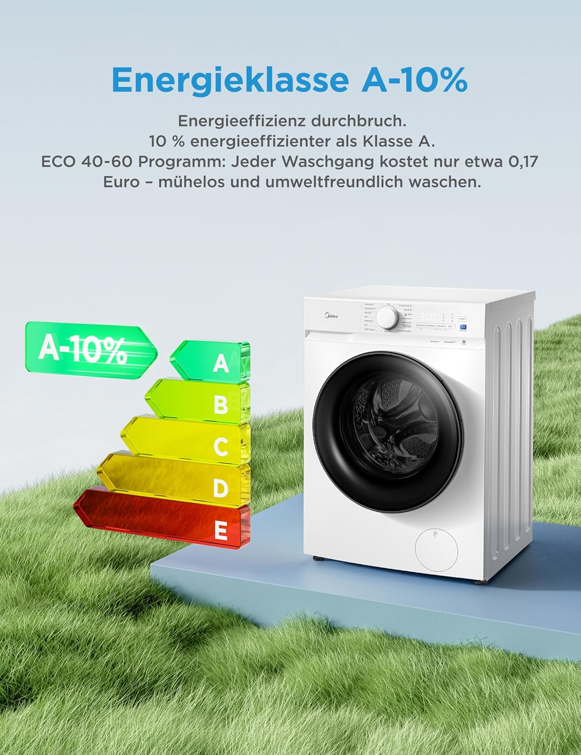 Midea Waschmaschine V3 Series, 10 Kg | Energieeffizienzklasse A-10% | 1400 U/Min| Dampffunktion | Tierhaare| 15-Min Schnellwäsche | Woolmark-Zertifiziert MFV3EW100BA10 | Weiß