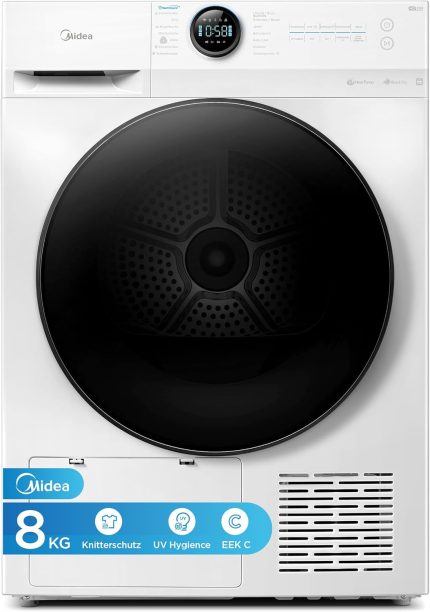 Midea MD20EH80WB-A3 Wärmepumpentrockner, 8 Kg, Energieklasse C, UV Hygience, Knitterschutz, Sanfte Pflege, Auto Dry, Wollpflege, Auffrischen, Fernsteuerung, Startzeitvorwahl, Weiß [Energieklasse C]