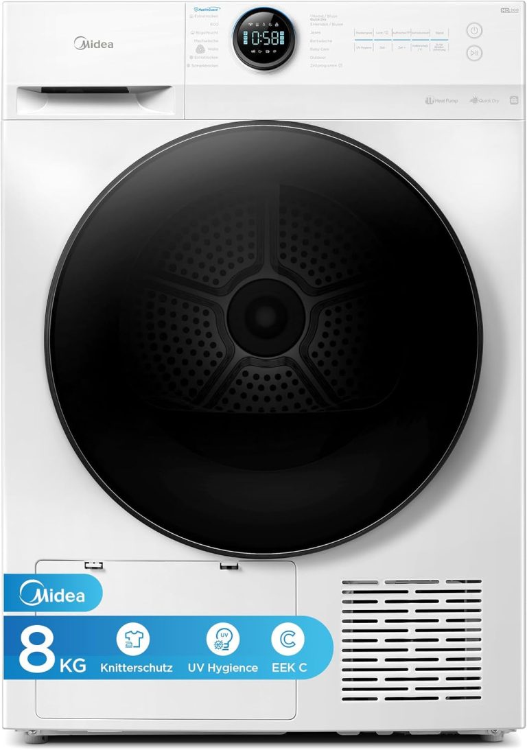 Midea MD20EH80WB-A3 Wärmepumpentrockner, 8 Kg, Energieklasse C, UV Hygience, Knitterschutz, Sanfte Pflege, Auto Dry, Wollpflege, Auffrischen, Fernsteuerung, Startzeitvorwahl, Weiß [Energieklasse C]