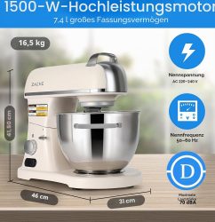ZACME Profi Küchenmaschine Knetmaschine Aluminiumgussgehäuse(1500W),7L Edelstahlschüssel Teigmaschine Mit Led-Touchscreen,Geräuscharme Rührmaschine,3 Rühraufsätze Und Spritzschutz,11 Geschwindigkeit