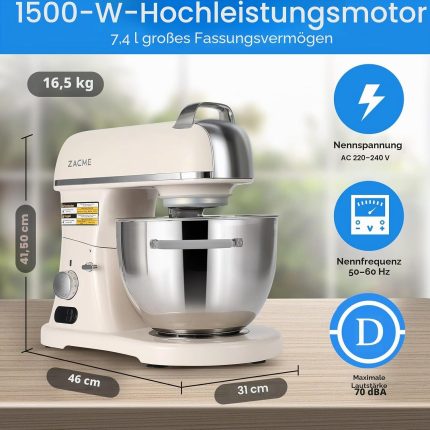 ZACME Profi Küchenmaschine Knetmaschine Aluminiumgussgehäuse(1500W),7L Edelstahlschüssel Teigmaschine Mit Led-Touchscreen,Geräuscharme Rührmaschine,3 Rühraufsätze Und Spritzschutz,11 Geschwindigkeit