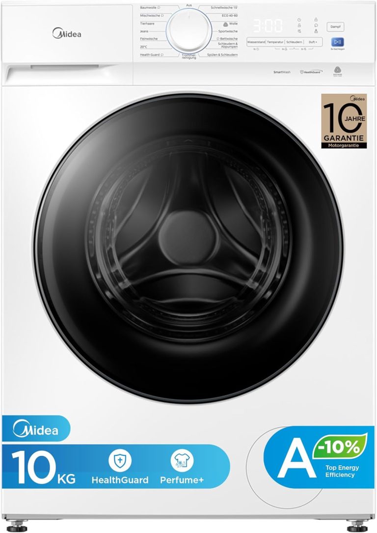 Midea Waschmaschine V3 Series, 10 Kg | Energieeffizienzklasse A-10% | 1400 U/Min| Dampffunktion | Tierhaare| 15-Min Schnellwäsche | Woolmark-Zertifiziert MFV3EW100BA10 | Weiß