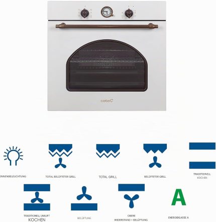 CATA MRA7108WH Einbaubackofen Elektro in Rustikalem Weiß Energieklasse a 7 Funktionen Und Mechanisches Garprogramm Umluftofen Mit 5 Höhenstufen Und 60 L Fassungsvermögen