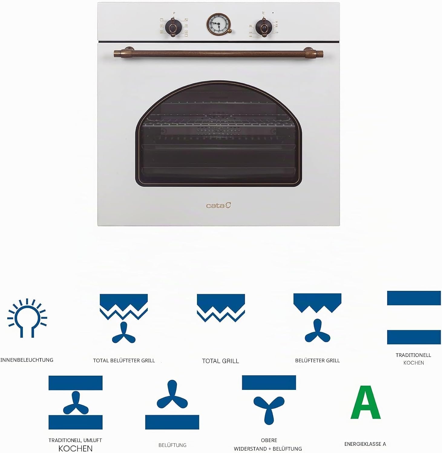 CATA MRA7108WH Einbaubackofen Elektro in Rustikalem Weiß Energieklasse a 7 Funktionen Und Mechanisches Garprogramm Umluftofen Mit 5 Höhenstufen Und 60 L Fassungsvermögen