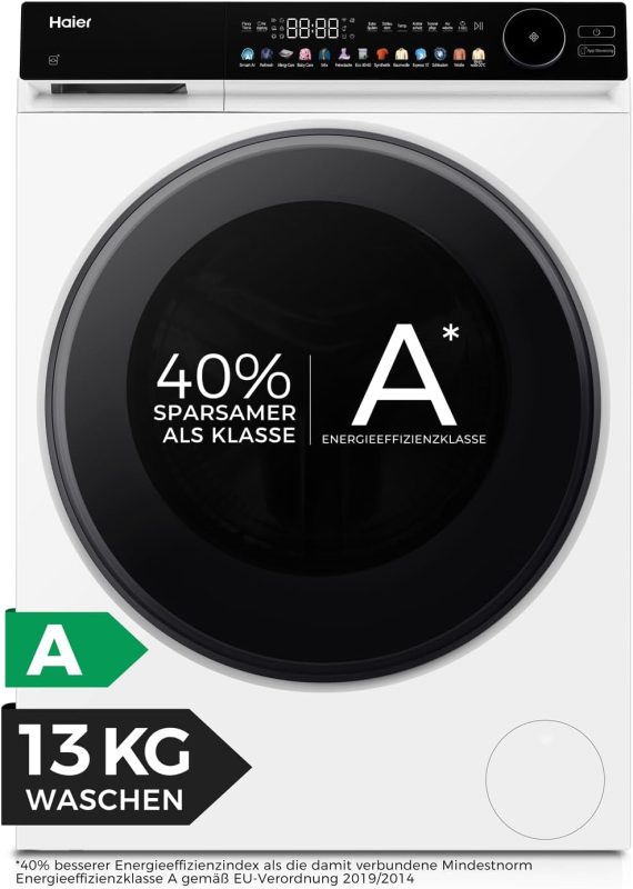Haier Frontlader Waschmaschine 13Kg I G7 Serie I a -40%, Große Kapazität, Flüsterleiser Direktantrieb, Automatik- Und Expressprogramm, Vollwasserschutz, Hygiene-Technologien, Wi-Fi I HW130-B14667U1