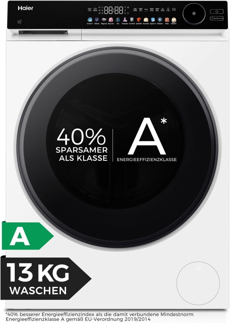 Haier Frontlader Waschmaschine 13Kg I G7 Serie I a -40%, Große Kapazität, Flüsterleiser Direktantrieb, Automatik- Und Expressprogramm, Vollwasserschutz, Hygiene-Technologien, Wi-Fi I HW130-B14667U1