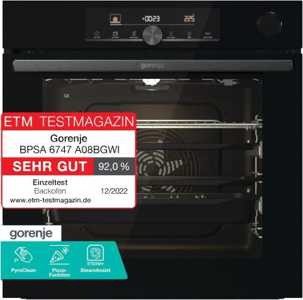 Gorenje Optibake Advanced BPSA 6747 A08BG Einbau-Backofen / 77L / Heißluft / Pyrolyse / Autobake / Touch Bedienung / Bratenthermometer / Gentleclose & Open / Steamassist / Pizzamode 300°C/ Schwarz