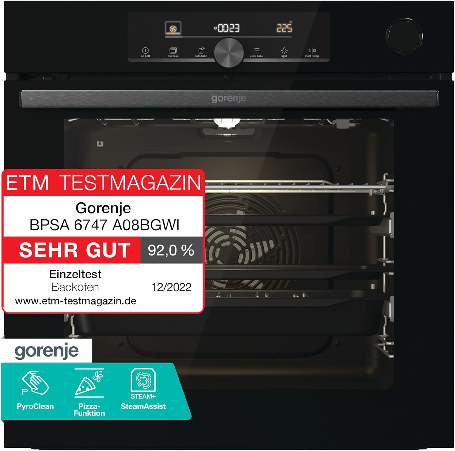 Gorenje Optibake Advanced BPSA 6747 A08BG Einbau-Backofen / 77L / Heißluft / Pyrolyse / Autobake / Touch Bedienung / Bratenthermometer / Gentleclose & Open / Steamassist / Pizzamode 300°C/ Schwarz
