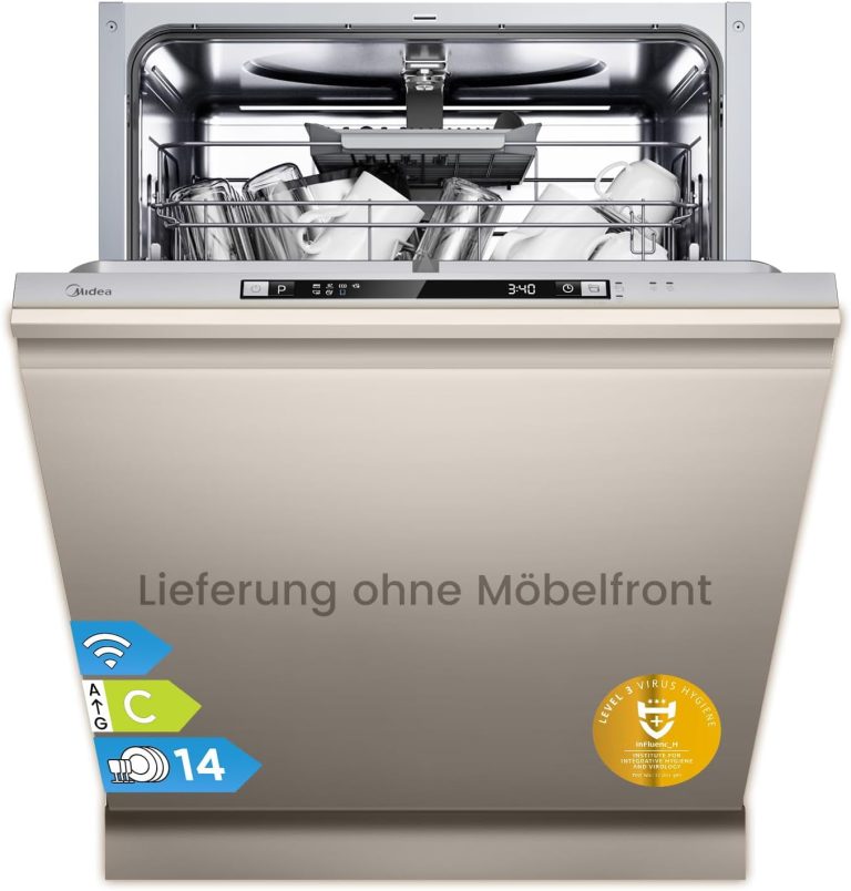 Midea SV 5.14K14C Geschirrspüler Vollintegriert 60Cm, 14 Maßgedecke, Spülmaschine Unterbaufähig Mit WIFI, 8 Programme, 44 Db, Automatische Türöffnung, 0-24H Startverzögerung, Silber