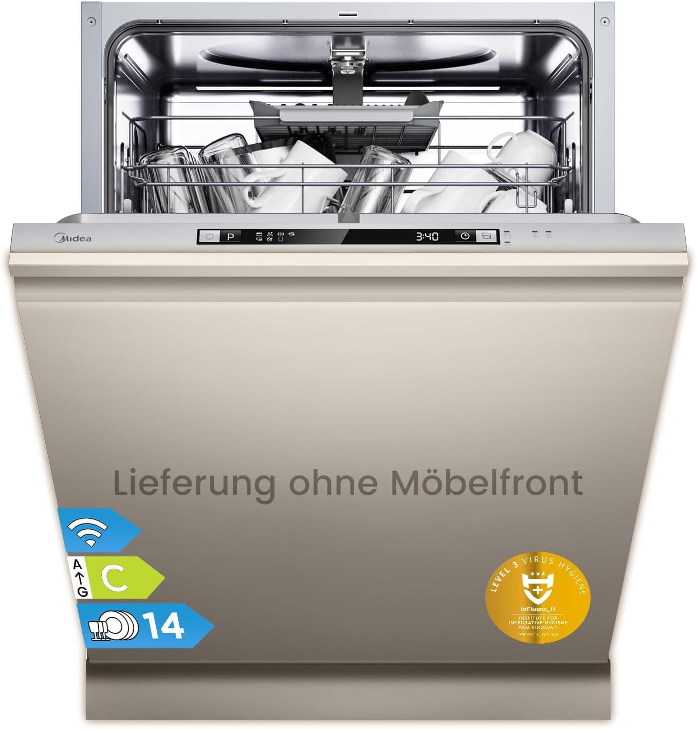 Midea SV 5.14K14C Geschirrspüler Vollintegriert 60Cm, 14 Maßgedecke, Spülmaschine Unterbaufähig Mit WIFI, 8 Programme, 44 Db, Automatische Türöffnung, 0-24H Startverzögerung, Silber