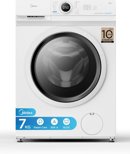 Midea MF10EW70B Waschmaschine / 7Kg / 1400 U/Min/Eek A/Inverter Quattro Motor/Dampffunktion/Grosse Trommel/Nachlegefunktion/Kindersicherung/Aquastop, Weiß