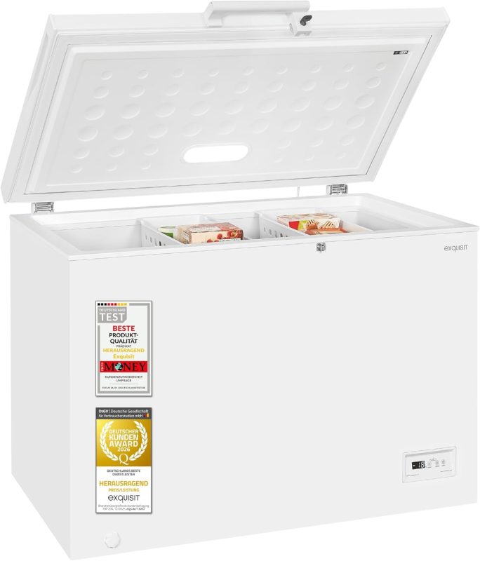 Exquisit GT5400-HE-041E Gefriertruhe - 371 L Truhe Mit Schnellgefrieren | Großer Gefrierschrank in Weiß - 36 Std. Lagerzeit Bei Störung - Digitale Steuerung - Leise 39 Db - Inklusive Rollen