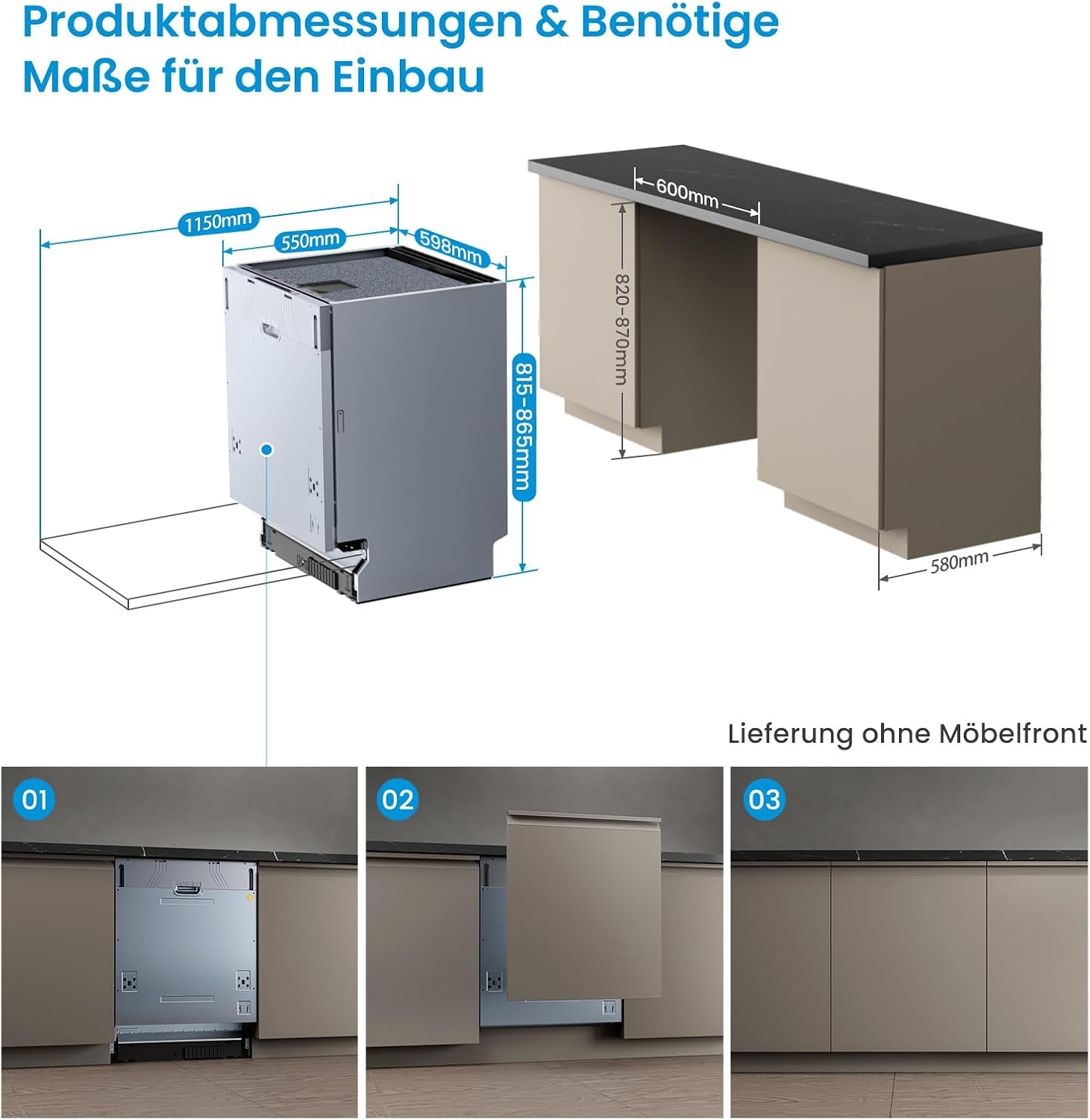 Midea SV 5.14K14C Geschirrspüler Vollintegriert 60Cm, 14 Maßgedecke, Spülmaschine Unterbaufähig Mit WIFI, 8 Programme, 44 Db, Automatische Türöffnung, 0-24H Startverzögerung, Silber