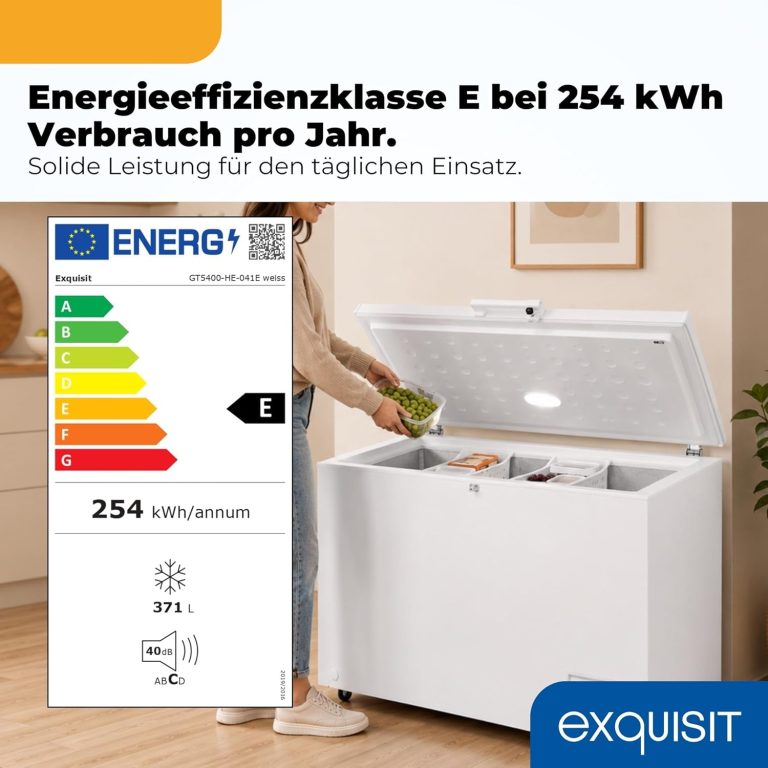 Exquisit GT5400-HE-041E Gefriertruhe - 371 L Truhe Mit Schnellgefrieren | Großer Gefrierschrank in Weiß - 36 Std. Lagerzeit Bei Störung - Digitale Steuerung - Leise 39 Db - Inklusive Rollen