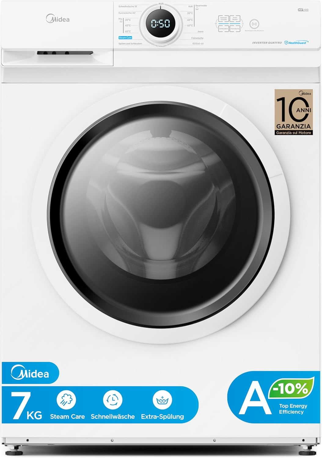 Midea MF10EW70BA10 Waschmaschine / 7Kg / 1400 U/Min/Eek A-10%/Inverter Quattro Motor/Dampffunktion/Grosse Trommel/Nachlegefunktion/Kindersicherung/Aquastop, Weiß