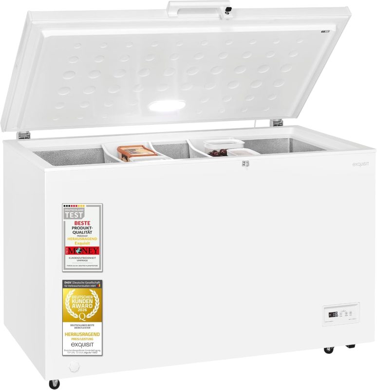 Exquisit GT5400-HE-041E Gefriertruhe - 371 L Truhe Mit Schnellgefrieren | Großer Gefrierschrank in Weiß - 36 Std. Lagerzeit Bei Störung - Digitale Steuerung - Leise 39 Db - Inklusive Rollen