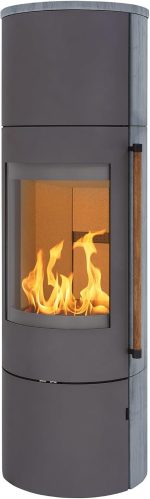 H&M Germany EVO 2.1 XL Kaminofen – 7 kW – Moderner Rundkamin mit Naturstein-Verkleidung – Titanium-Design – Integriertes Holzfach – Energieeffizienzklasse A