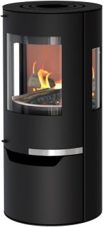 Thermia Hiron Trio Kaminofen – 6 kW – Moderner, runder Kamin mit 3 Sichtscheiben – Integriertes Holzfach – Schwarz – Kompakte Heizlösung