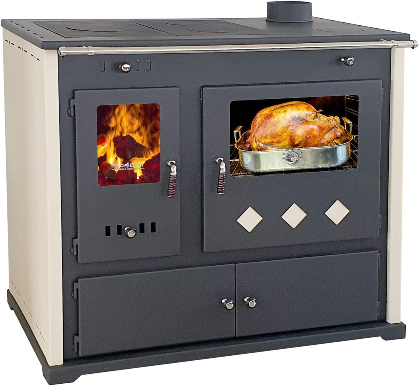 e47faf3fe1df0148728aaa0652125b01.jpg Prometey Practik Lux Holzofen – 9,5 kW – Mit Backofen & Kochfeld – Beige & Schwarz – Effiziente Heizlösung für Haus & Werkstatt - Image 1