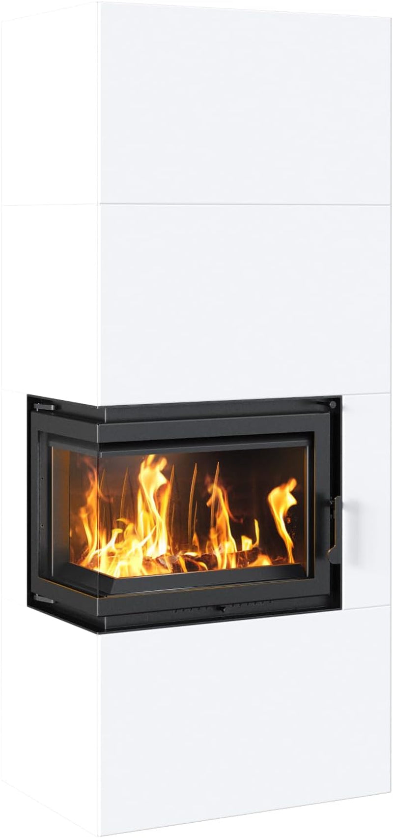 e5a05e62dcb00a63b5ff0c42def38b57.jpg KRATKI Simple Box Kamin – 8 kW – Moderner Eck-Kaminbausatz – Weißes Stahldesign – 2-seitige Panoramascheibe – Energieeffizienzklasse A – Schnelle Montage - Image 1