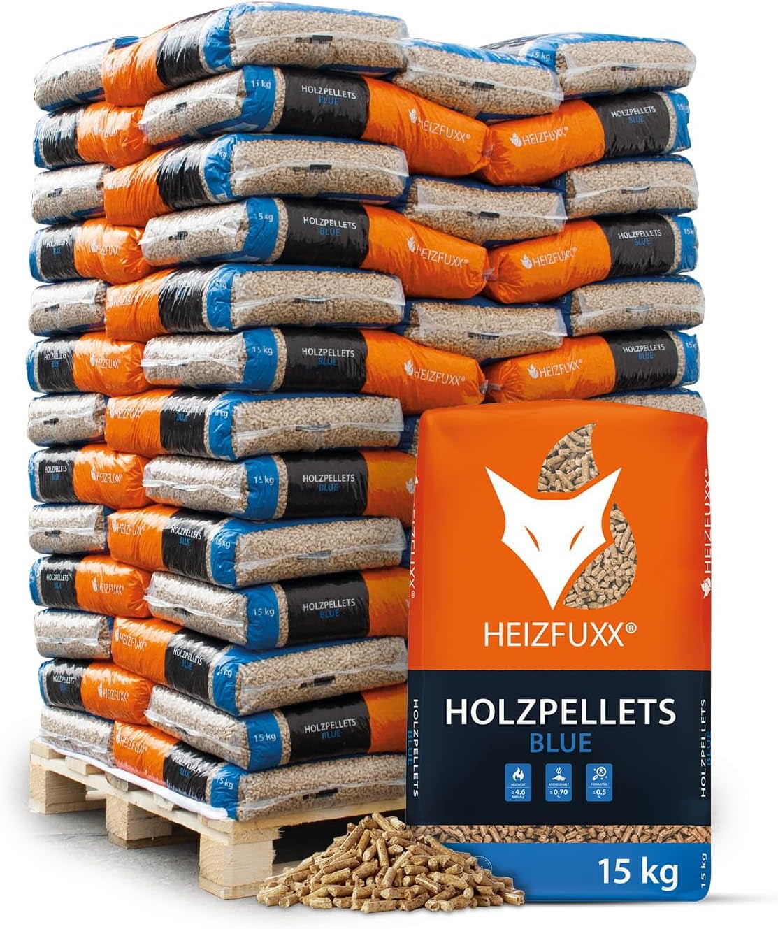 f39d114c4bed1973315de4984356e91f.jpg HEIZFUXX Premium Holzpellets (Blau) – 975 kg Palette (65 x 15 kg Säcke) – 6 mm Weichholz-Pellets, ENplus A1 zertifiziert, hoher Heizwert & aschearm - Image 1