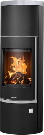 Justus Faro W+ 2.0 Holz- & Kohleofen – 7 kW, schwarzer Stahl mit Speckstein-Abdeckplatte